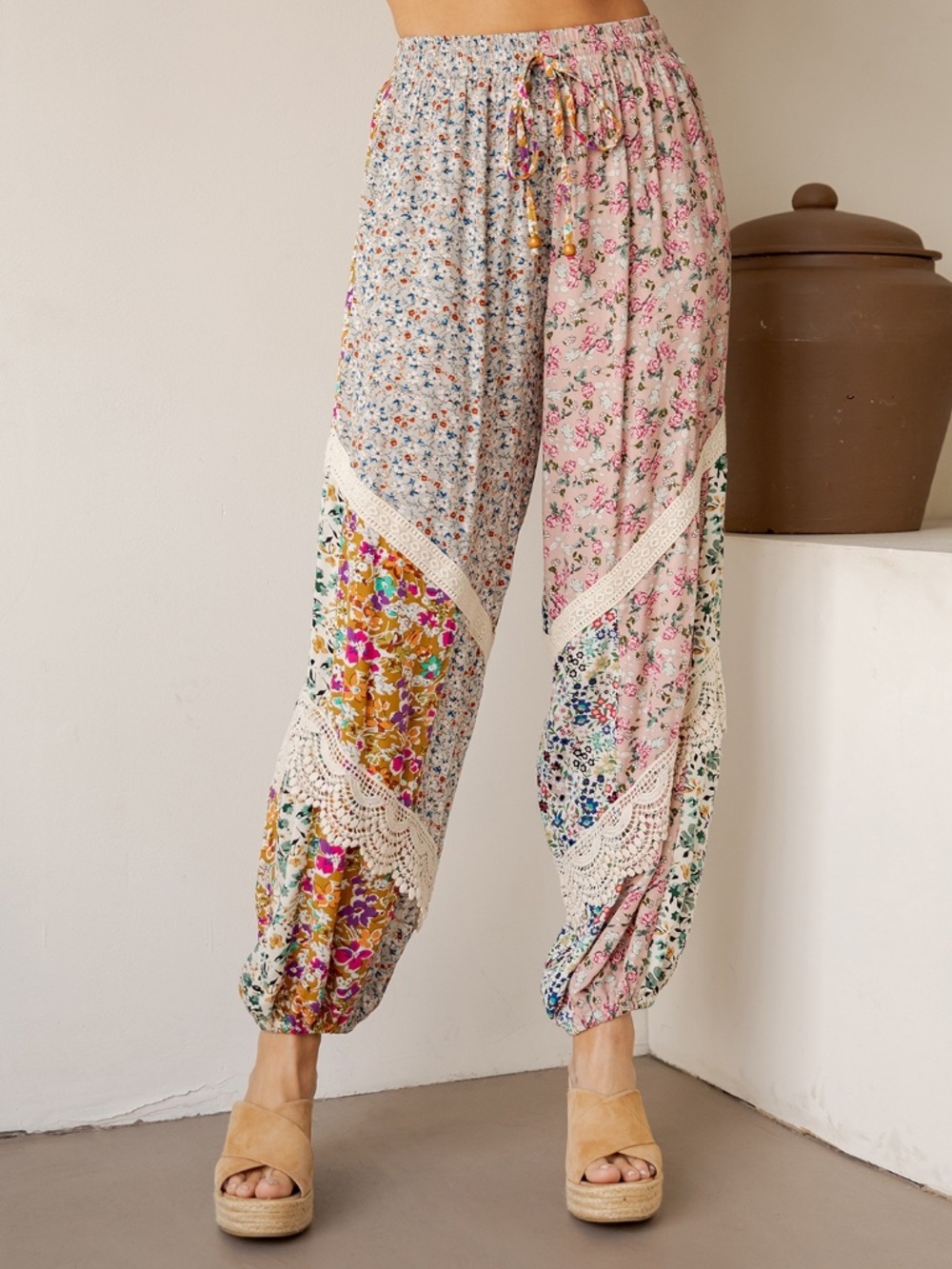 🌟 “The Brynn" Boho Patchwork Lace-trim Drawstring Harem Pants
